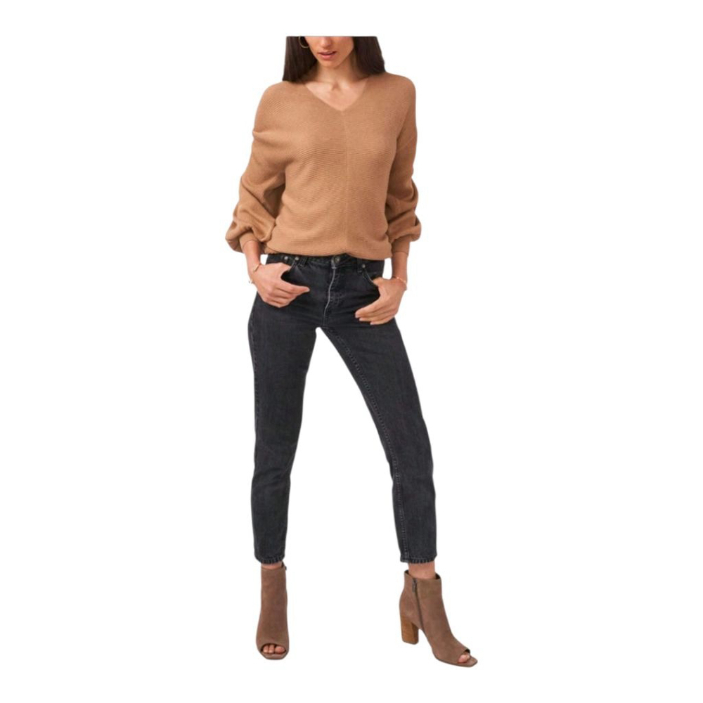 1. State Ribbed V Neck Peasant Sleeve Sweater in Wild Oak